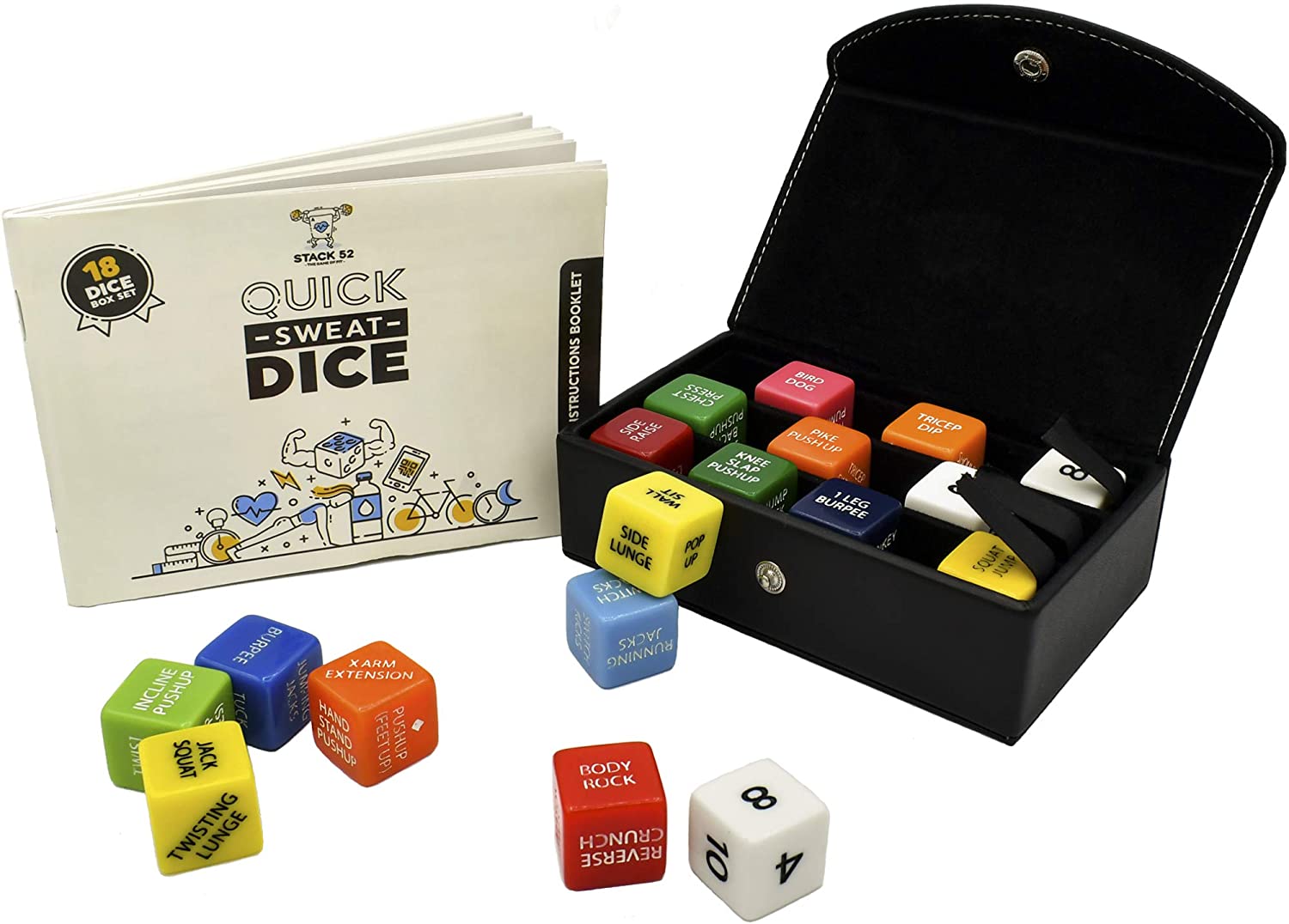 Stack 52 Quick Sweat Fitness Dice. Bodyweight Exercise Workout Game. Designed by a Military Fitness Expert. Video Instructions Included. No Equipment Needed. Burn Fat Build Muscle.